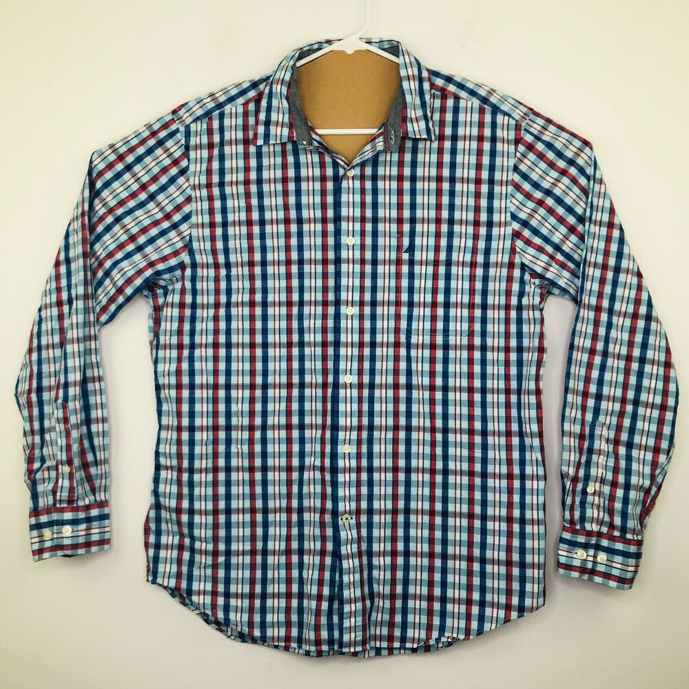 Nautica Men's Large Shirt Blue Red Plaid Long Sleeve Pocket Front Button Up BM6